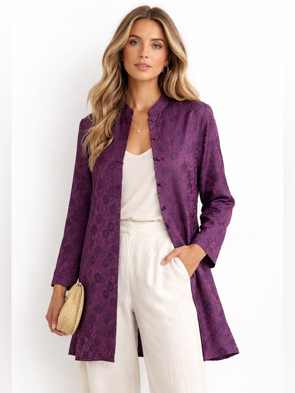 BIANCO LEVRIN Silk Blend Topper Jacket Purple Floral Jacquard Mandarin Collar M